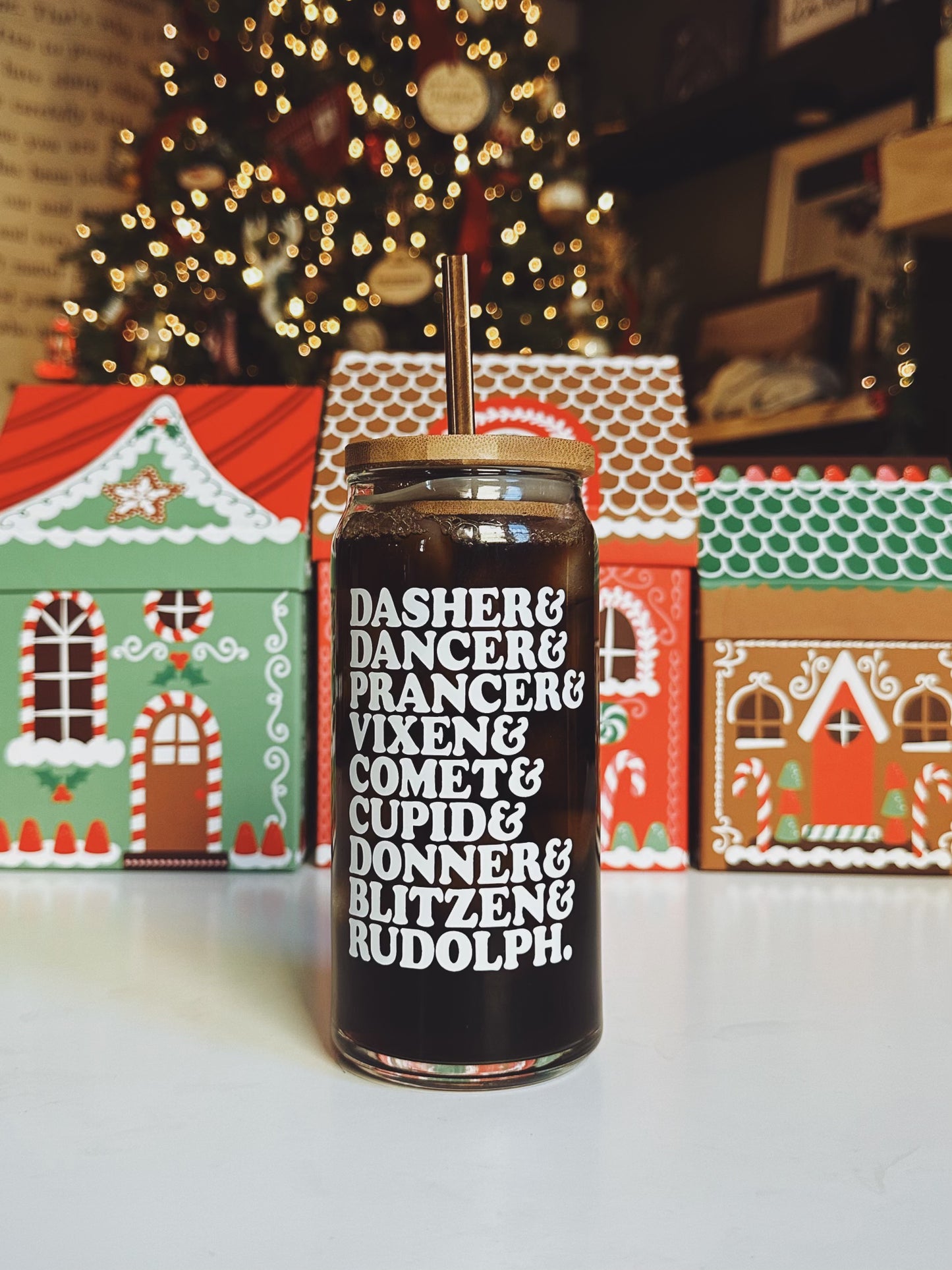 Santa's Reindeer 20oz Glass Tumbler