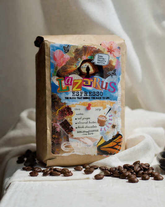 Coffee bag with colorful design on a white surface with coffee beans around