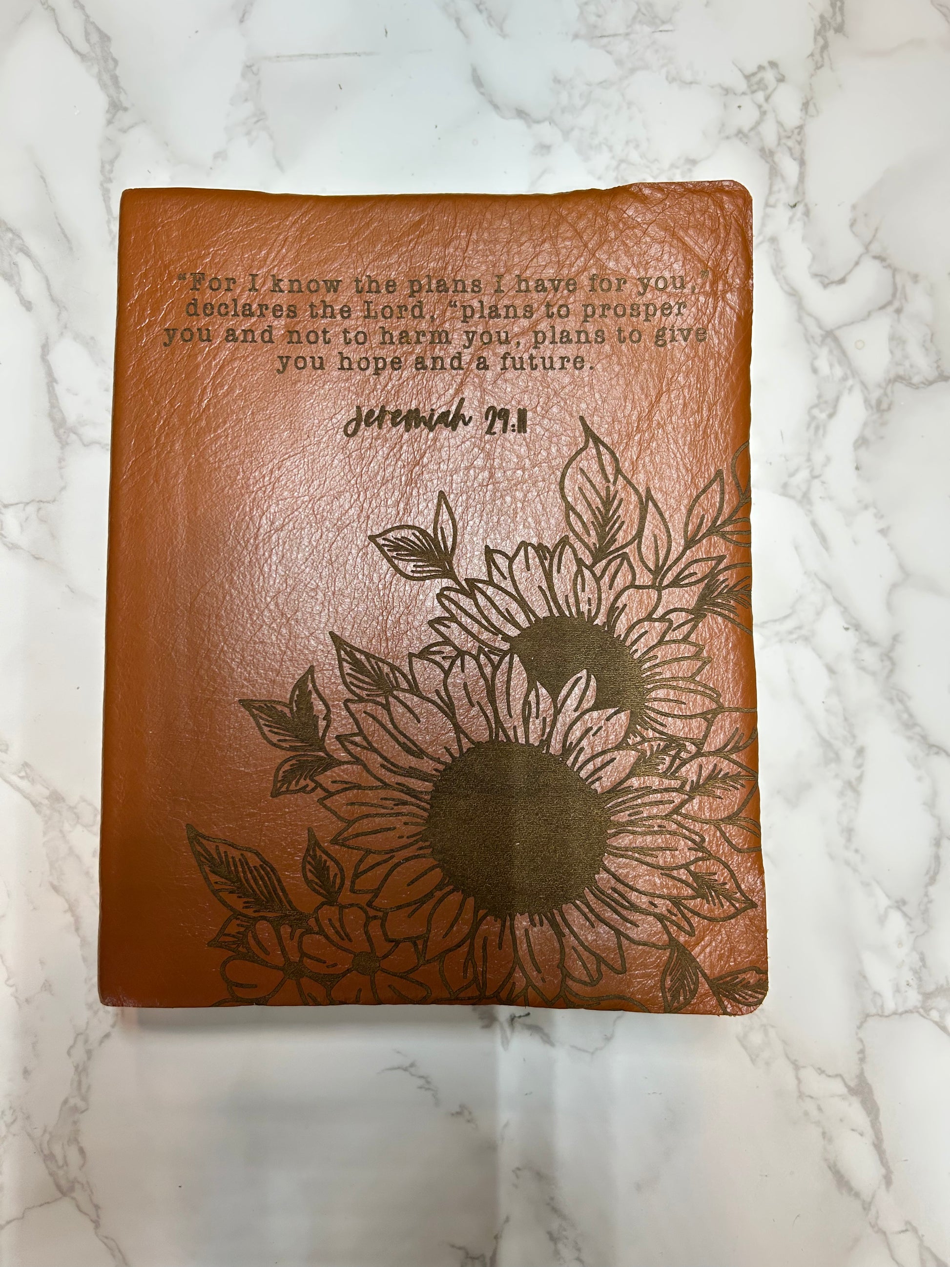 (Imperfect) NIV Jeremiah 29:11 Sunflower Engraved Bible [with initials MSH]