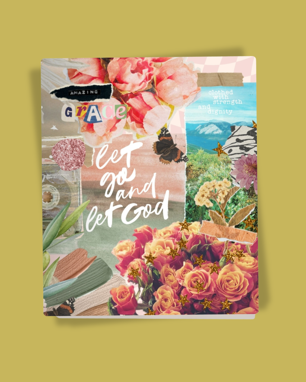 Bible with a collage of flowers & butterflies within the design that reads "Let Go and Let God" on the front cover