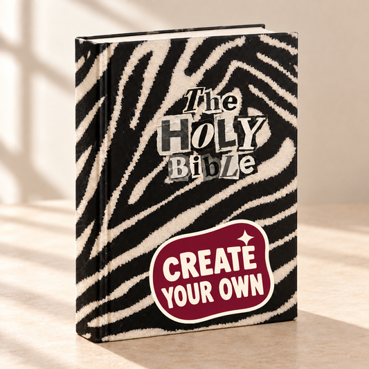 Build Your Own Hardcover Bible — zebra-print example with a centered Create Your Own sticker